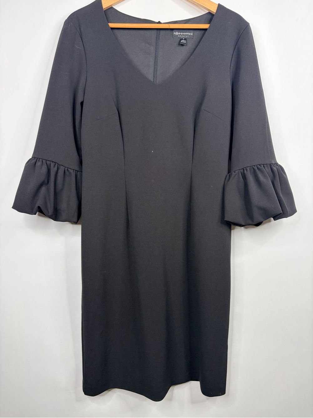 connected apparel Black V-Neck Ruffle Cuff Long Sleeve Dress